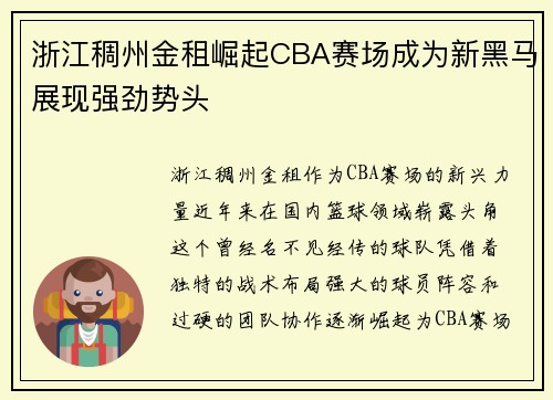 浙江稠州金租崛起CBA赛场成为新黑马展现强劲势头