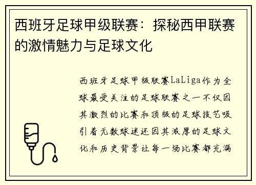 西班牙足球甲级联赛：探秘西甲联赛的激情魅力与足球文化